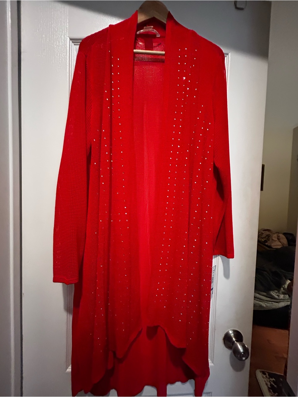 Peter Nygard Red Open-Front Long Cardigan with Stud Accents